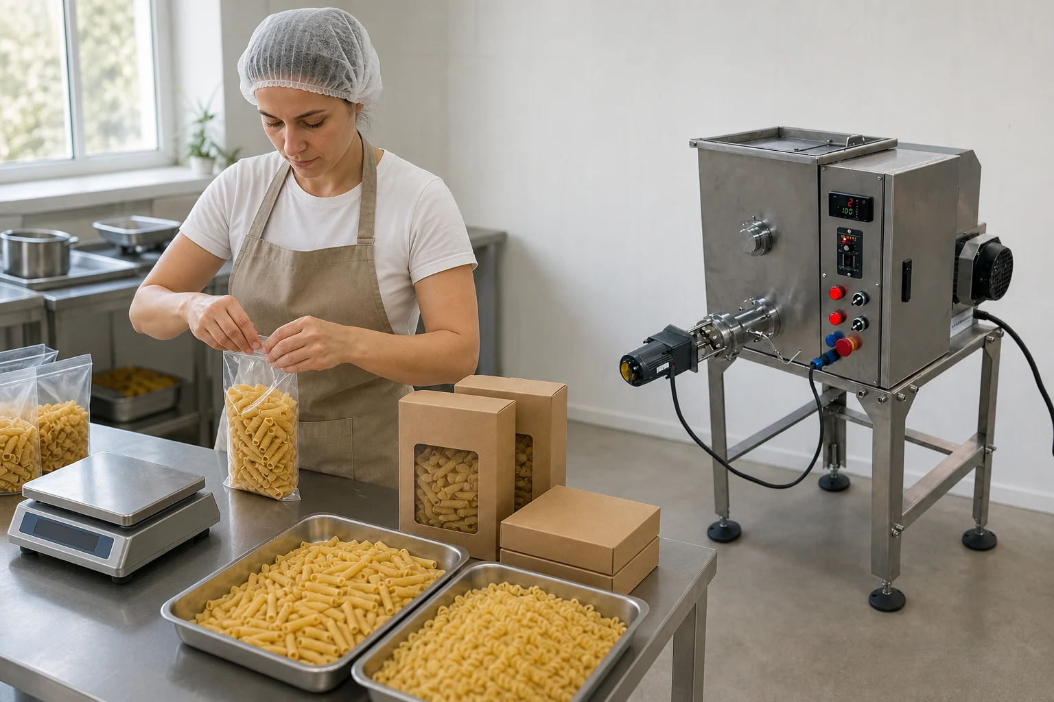 Small food shop packing fresh pasta beside a compact stainless pasta extruder