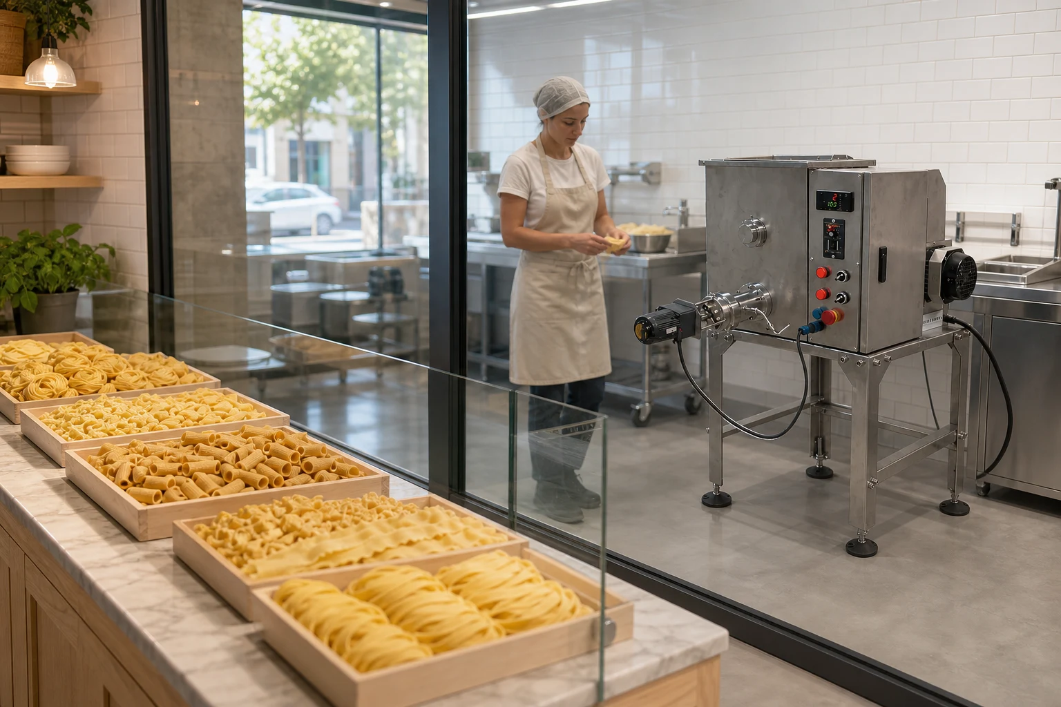 Fresh pasta food shop with a glass-fronted production room and compact Zhuoheng pasta machine
