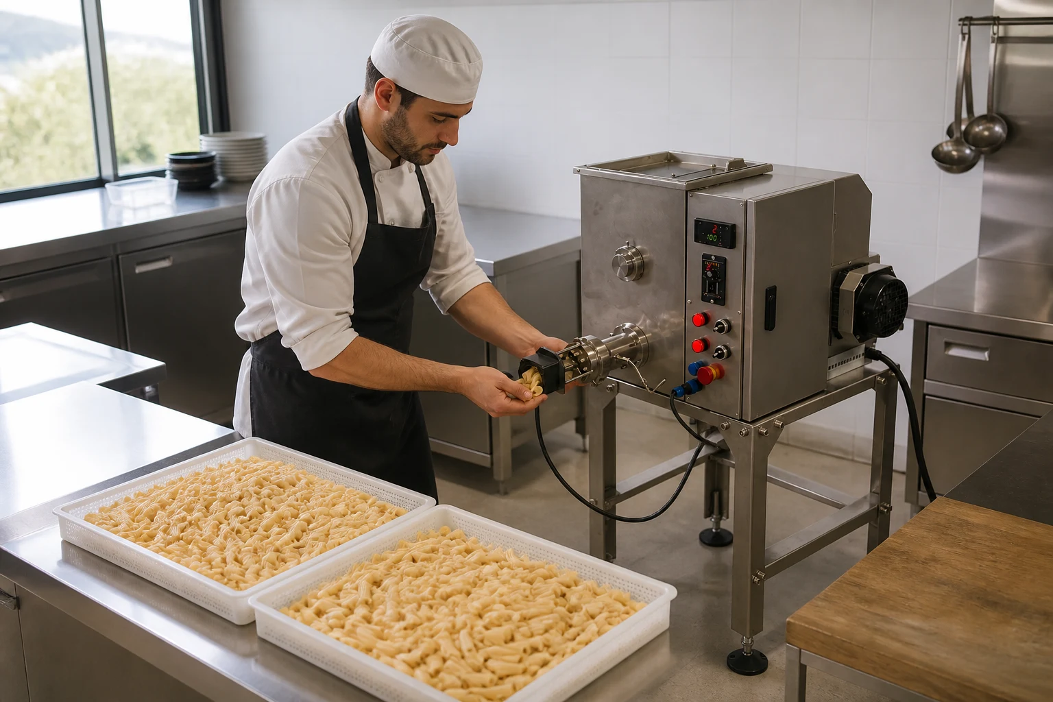Compact Zhuoheng pasta machine in a clean restaurant open kitchen with a chef and fresh pasta trays