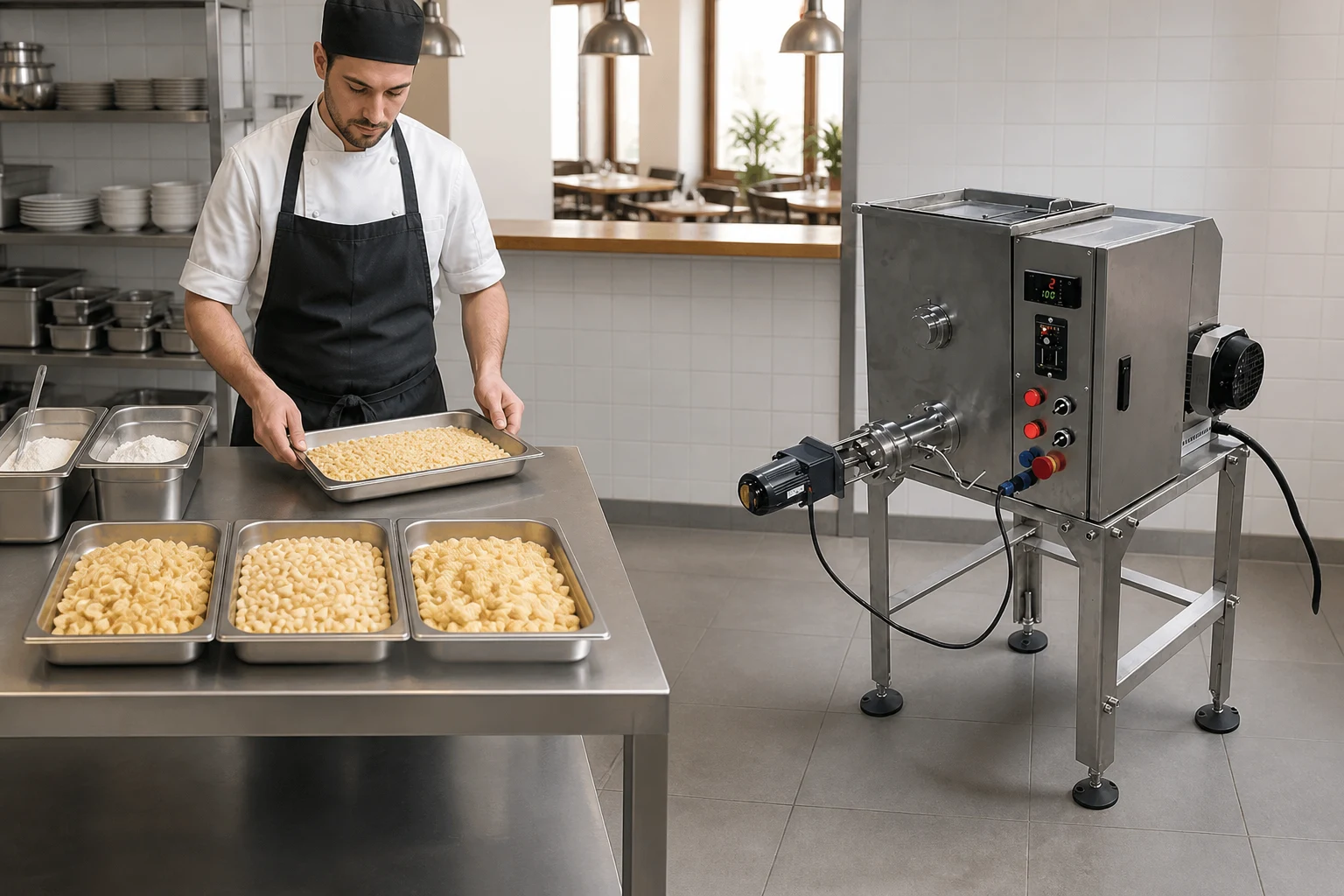 Restaurant back-of-house pasta preparation room with compact extruder and several pasta trays