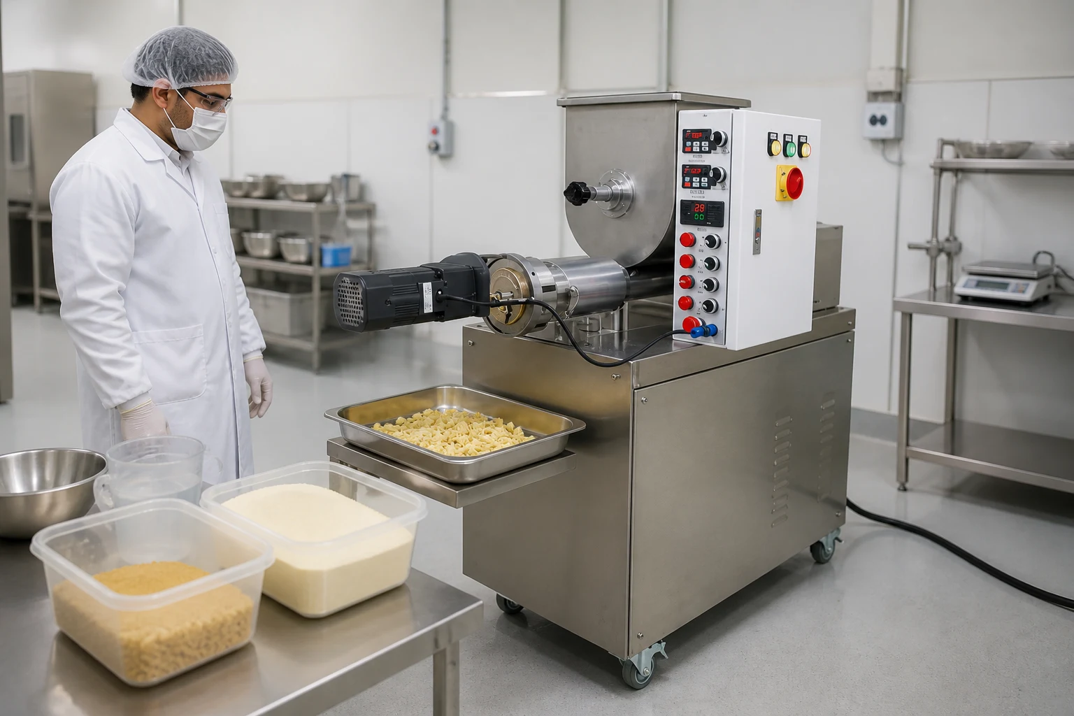 Compact Zhuoheng pasta extruder in a clean small food factory production cell