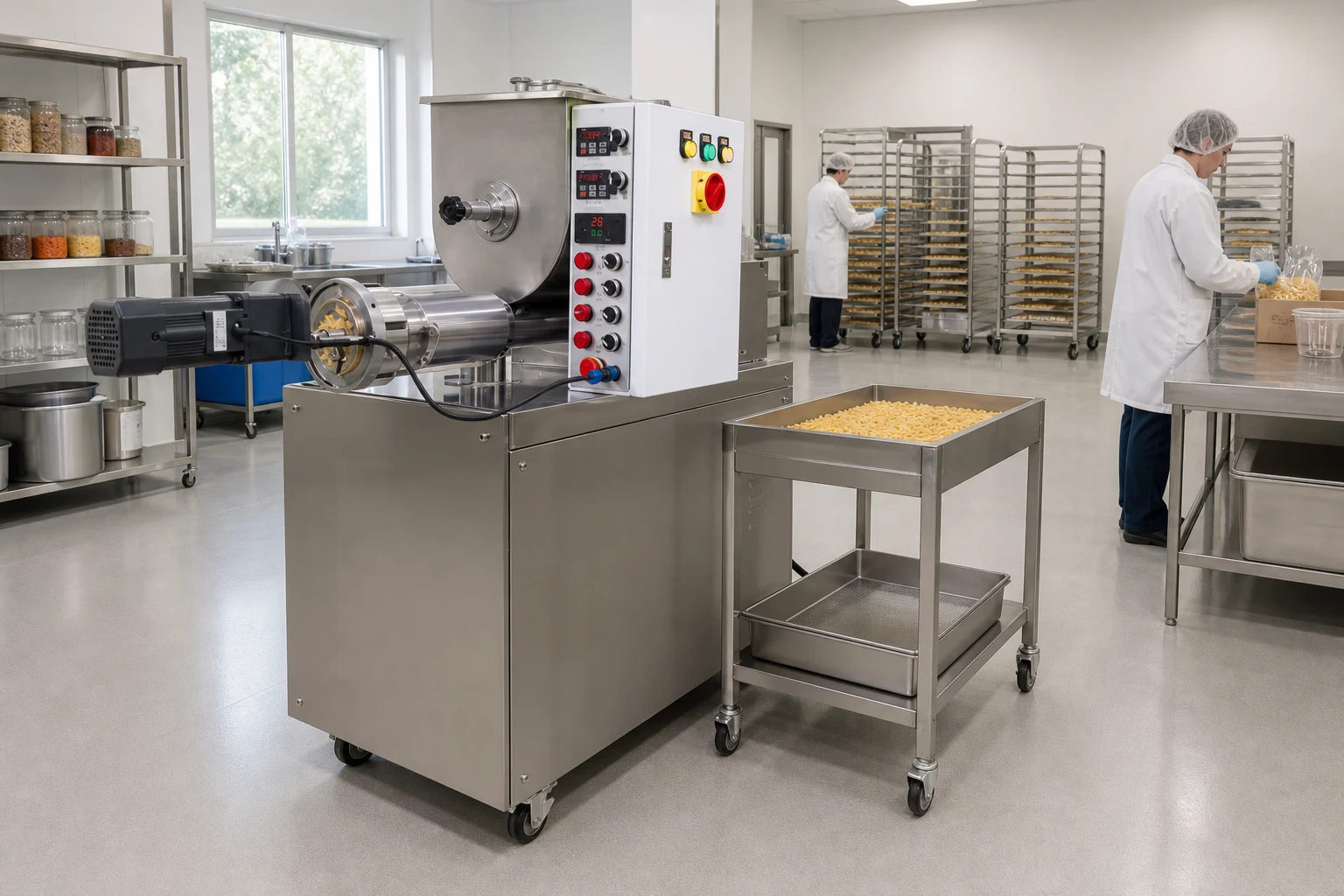 Small pasta factory workflow with compact extruder, separate drying racks and packing table