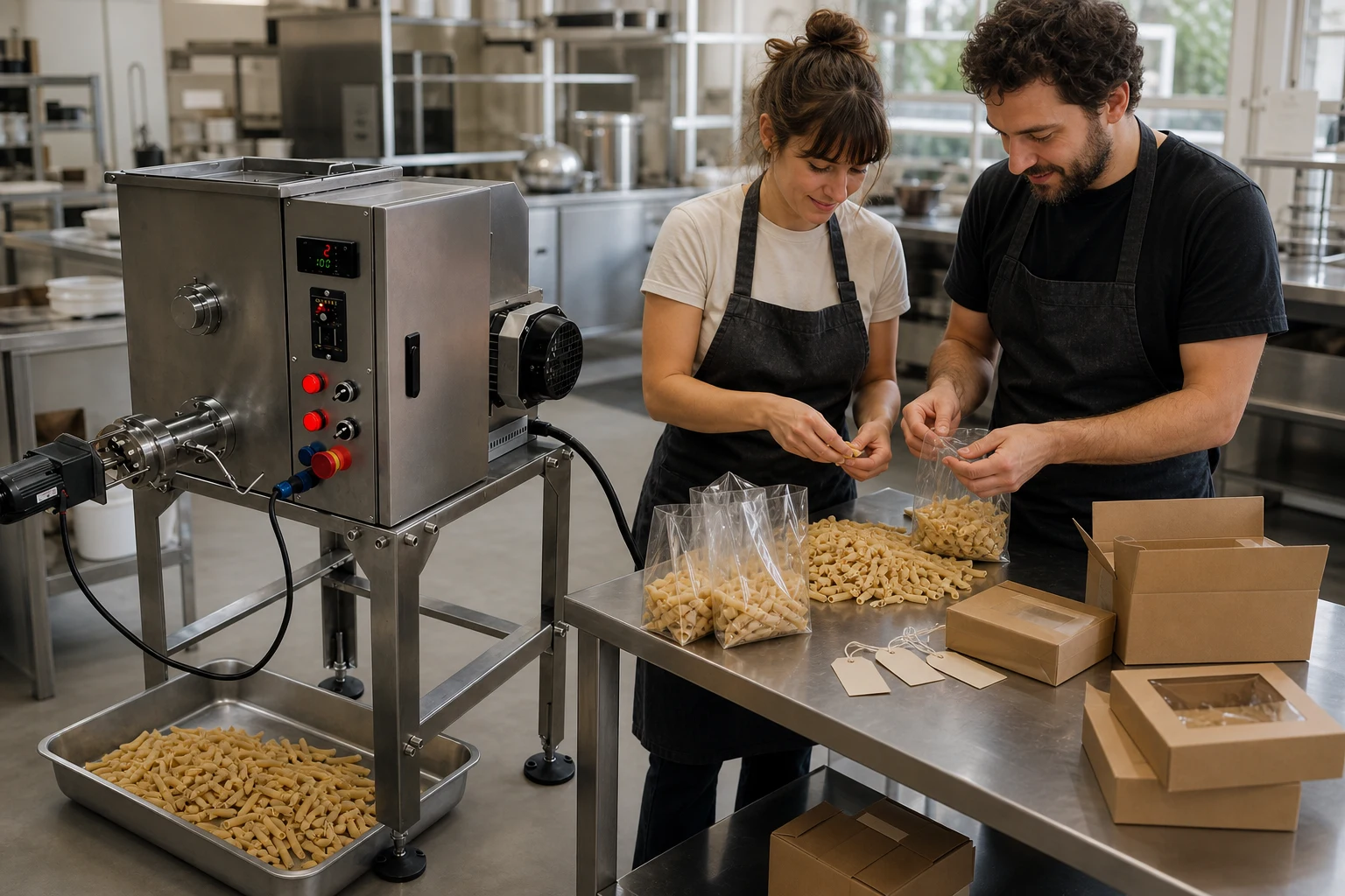 Start-up pasta brand team packing small batches beside a compact stainless pasta extruder