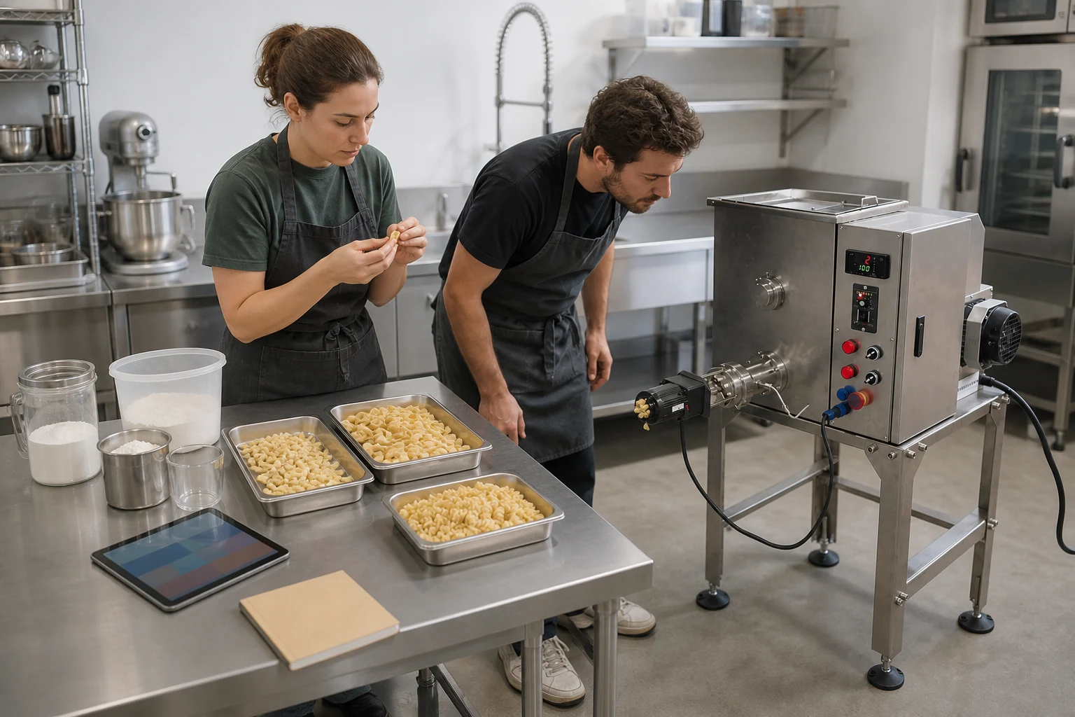 Two start-up founders testing pasta shapes with a compact Zhuoheng machine in a commercial kitchen