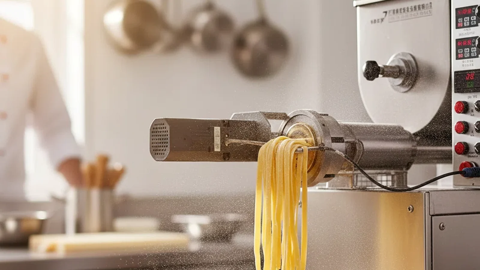 Compact pasta extrusion area used to review die, cutter and residue-access questions