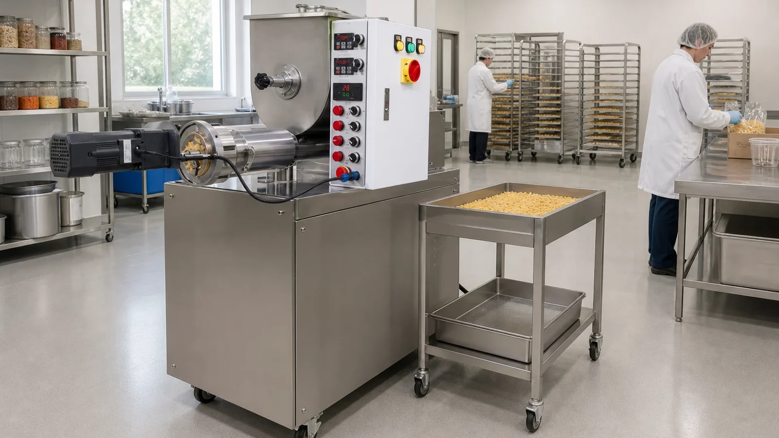 Small commercial pasta workflow illustrating machine access and product movement