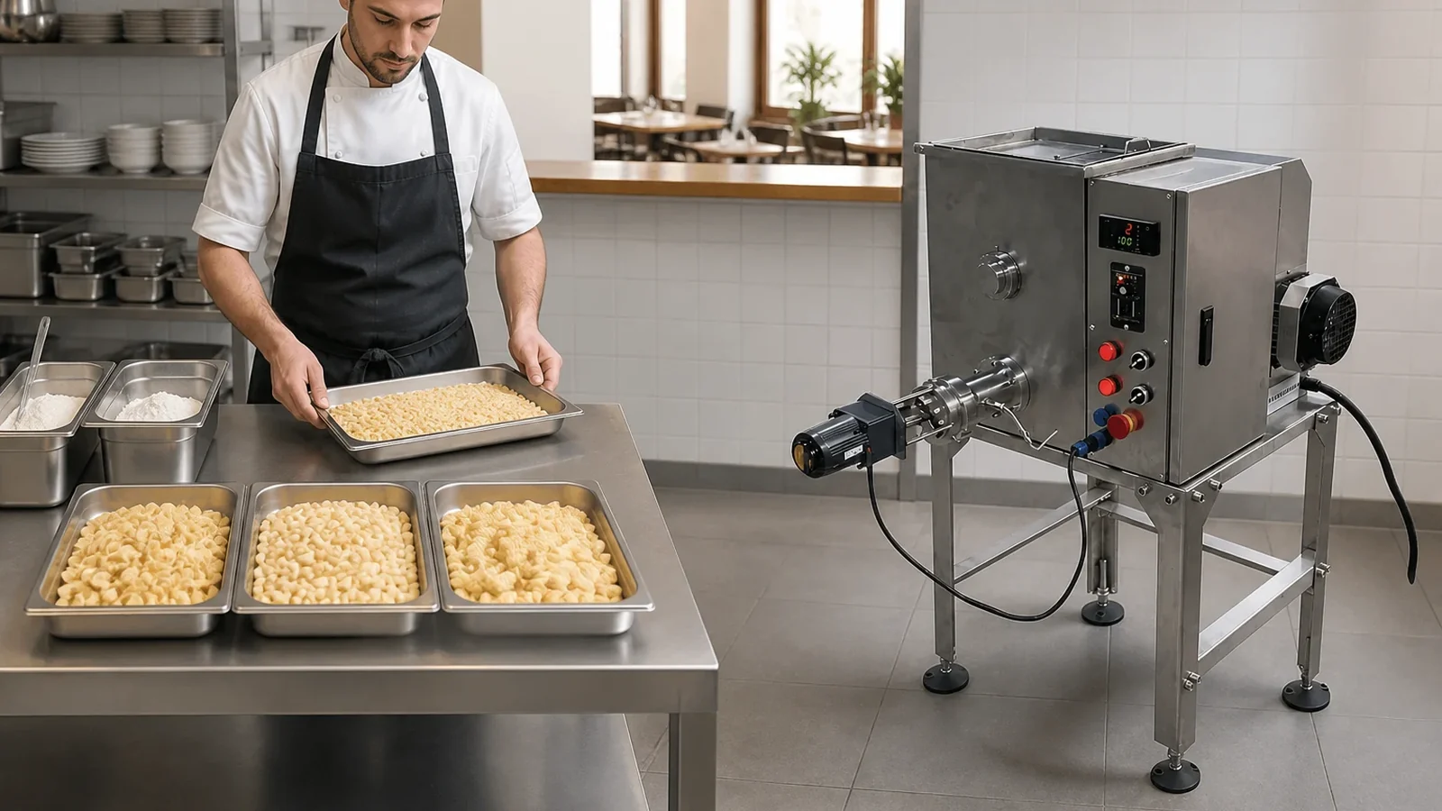 Compact pasta machine formula trial with labeled ingredient and product trays