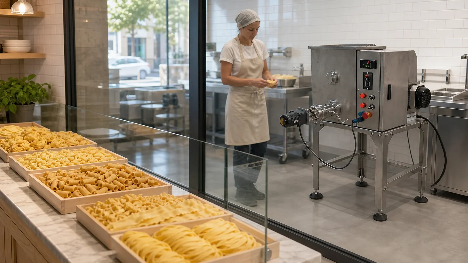 Food-shop pasta production illustration used to review trays staff flow and the handoff from extrusion