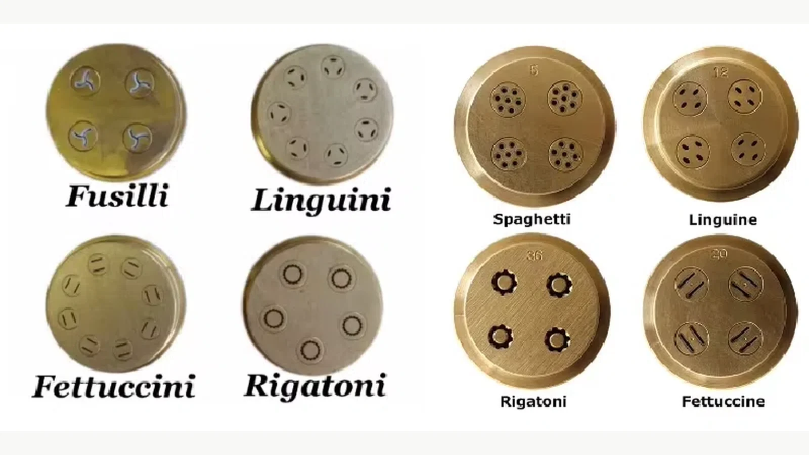 Compact pasta mold references used to compare openings and product profiles