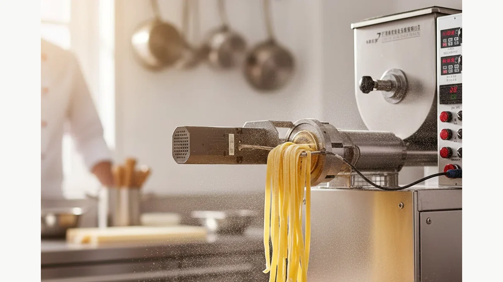 Fresh pasta emerging from an extrusion die during small-batch production