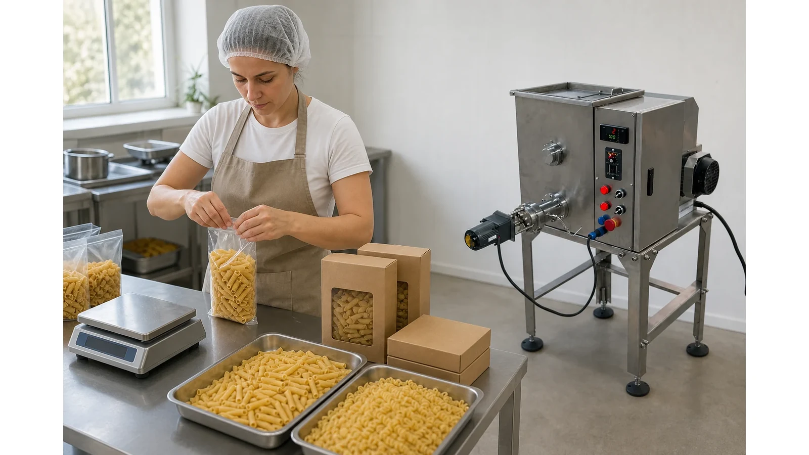 Small pasta packing area used to separate finished output from work in process
