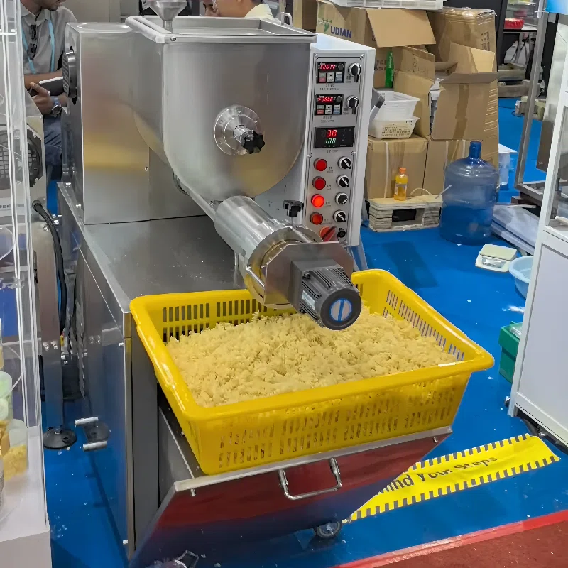 Cabinet-style macaroni machine with control panel, outlet cutting assembly and collection tray