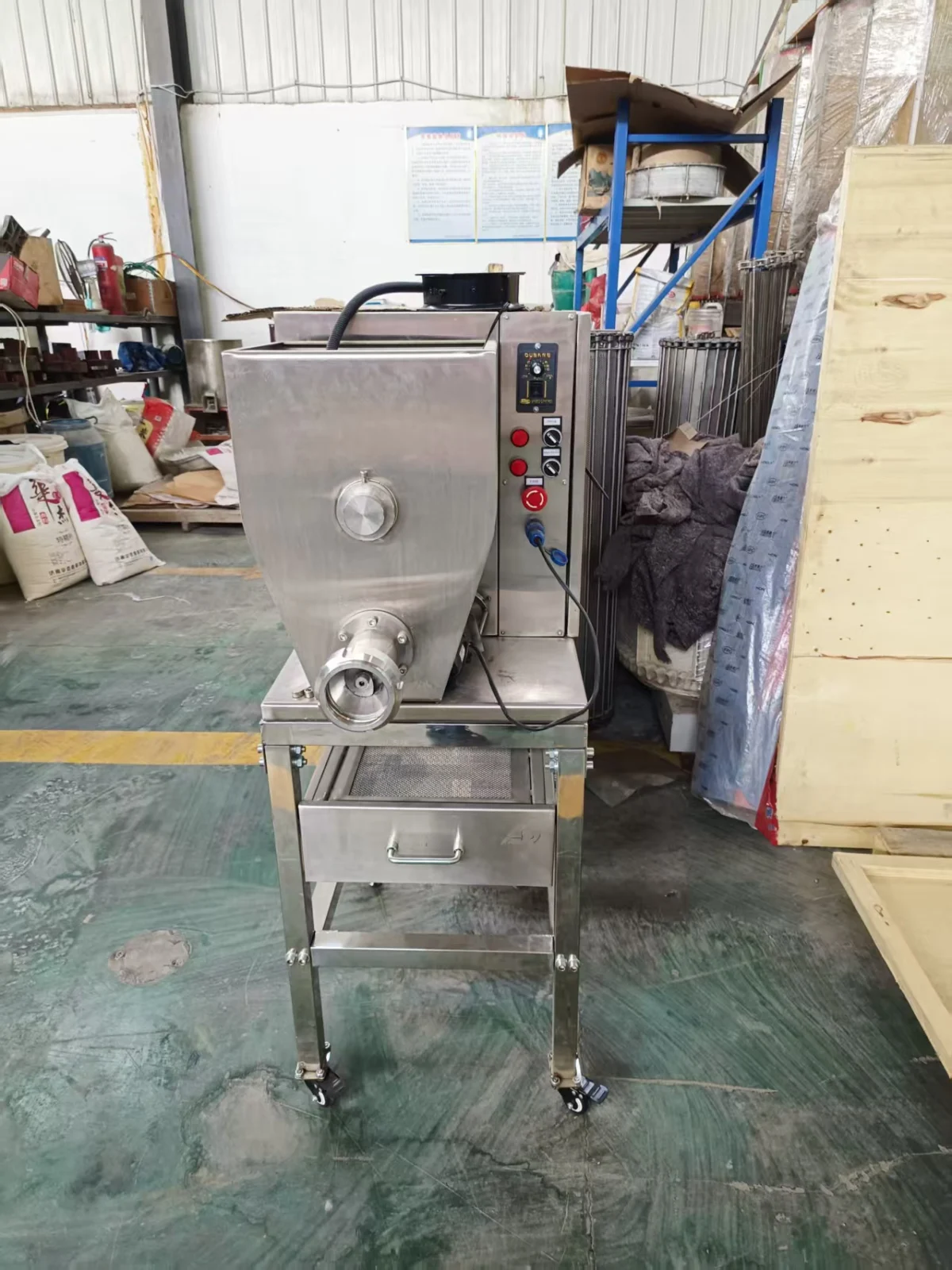 TXF15 15 kg per hour pasta machine front view with stand and extrusion outlet